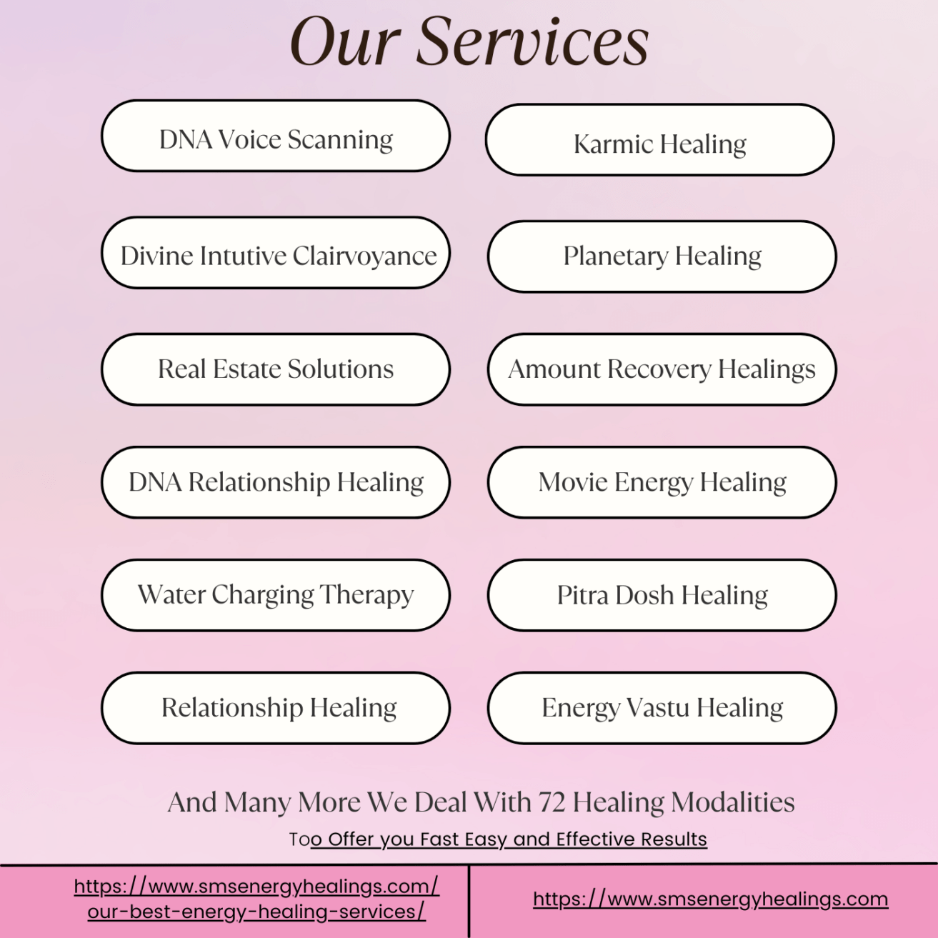 List of Energy Healing Services A list of energy healing services including DNA Voice Scanning, Karmic Healing, Divine Intuitive Clairvoyance, and others, presented on a light pink background.