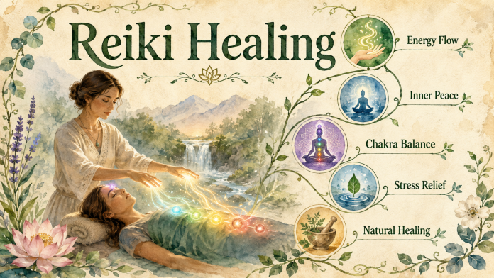 Reiki Healing Concepts and Benefits An illustration showing a practitioner performing Reiki healing on a person, with circular icons depicting energy flow, inner peace, chakra balance, stress relief, and natural healing.