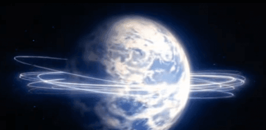A stylized, glowing blue planet surrounded by faint, luminous orbital rings against a dark background.