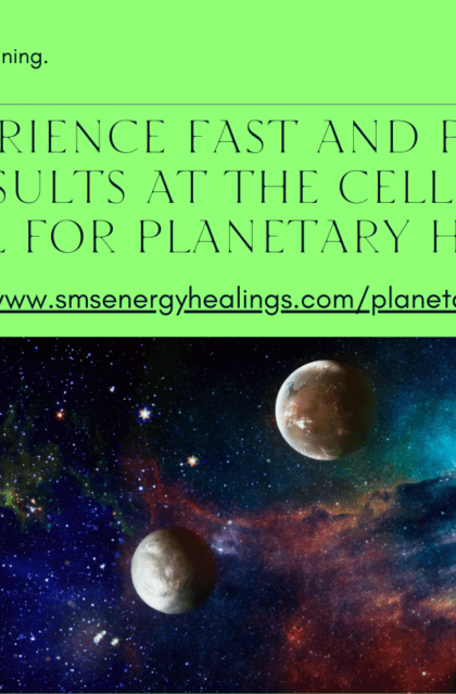 A digital graphic featuring a vibrant nebula background with planets and text promoting planetary healing services.