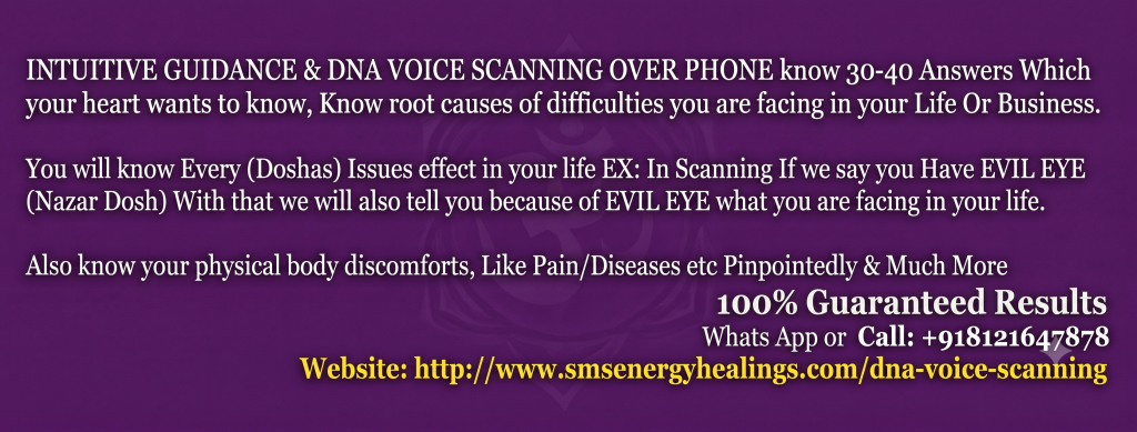 Text-based graphic explaining DNA voice scanning services, including benefits, contact information, and website address on a purple background.