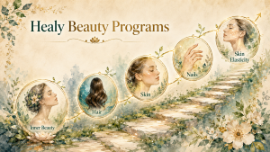 An artistic illustration titled Healy Beauty Programs featuring five circular vignettes representing Inner Beauty, Hair, Skin, Nails, and Skin Elasticity, arranged along a stone staircase path.