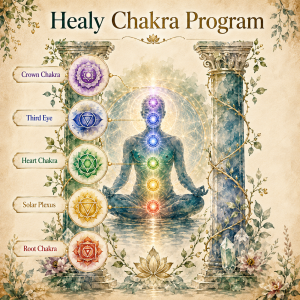 An illustration showing a person in a meditative pose with seven colored chakra points aligned along the spine, connected to labeled circular icons for each chakra.