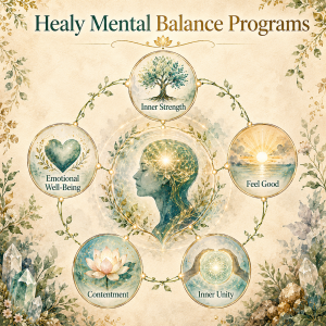 An infographic titled Healy Mental Balance Programs featuring a central profile of a human head surrounded by five circular icons labeled Inner Strength, Emotional Well-Being, Feel Good, Contentment, and Inner Unity.