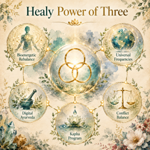 A diagram titled Healy Power of Three showing five interconnected circular icons representing Bioenergetic Rebalance, Universal Frequencies, Digital Ayurveda, Kapha Program, and Conflict Balance.