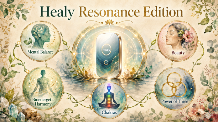 Healy Resonance Edition Overview A stylized graphic showing the Healy Resonance Edition device at the center, surrounded by five circular icons representing Mental Balance, Beauty, Bioenergetic Harmony, Chakras, and Power of Three.