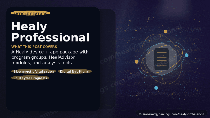 A graphic for the Healy Professional article outlining the device and app package, including Bioenergetic Vitalization, Digital Nutrition, and Soul Cycle programs.
