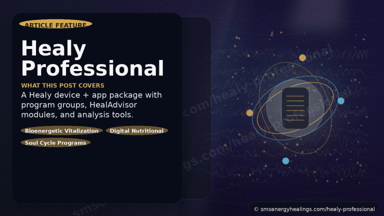 A graphic for the Healy Professional article outlining the device and app package, including Bioenergetic Vitalization, Digital Nutrition, and Soul Cycle programs.